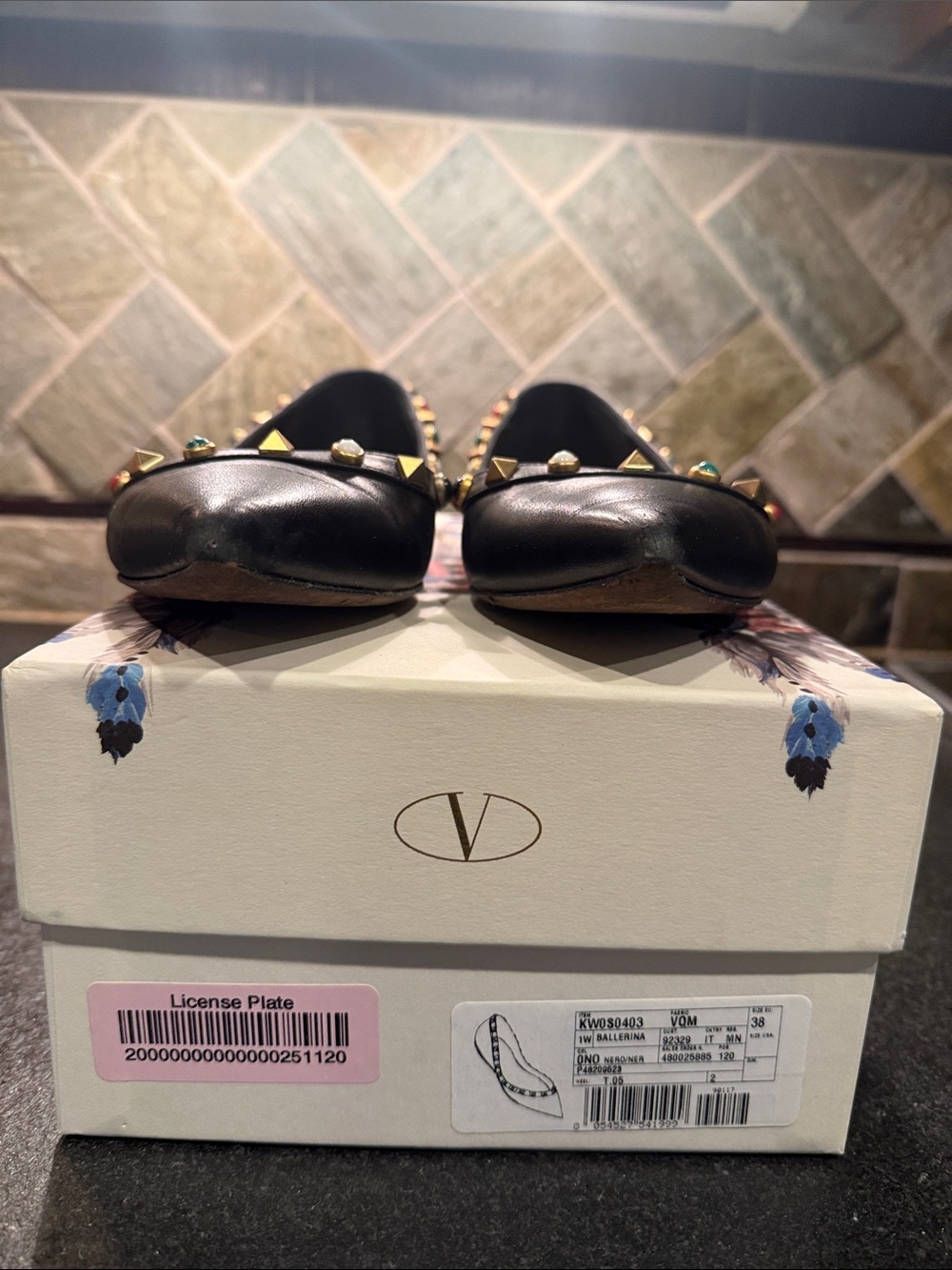 Valentino Black Leather Studded Ballerina Flats with Multicolor Pyramid Studs